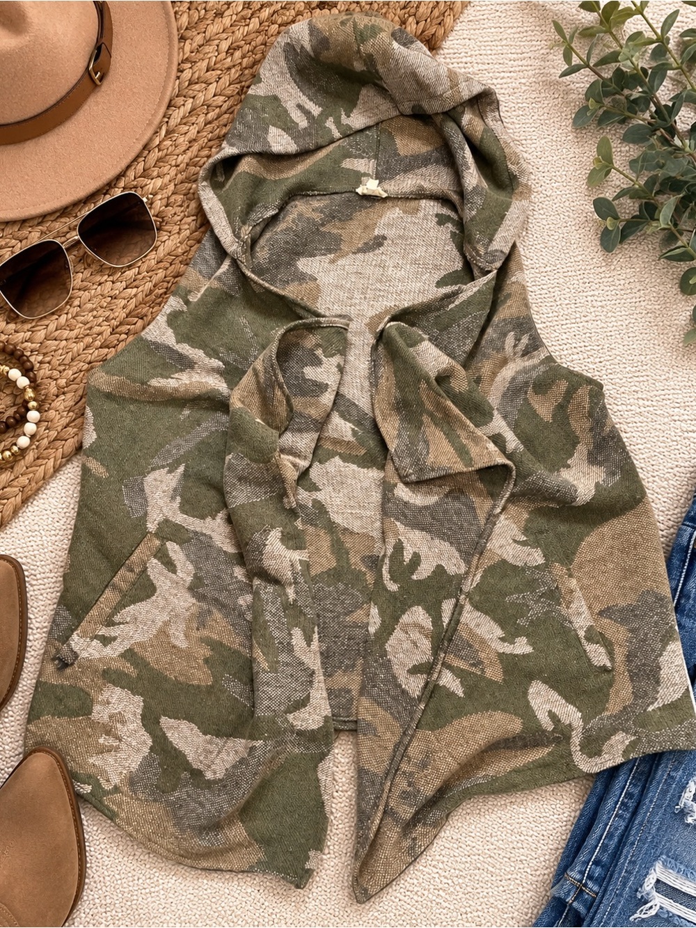 Hem & Thread Camo Hooded Knit Open Front Vest Olive Tan Boho